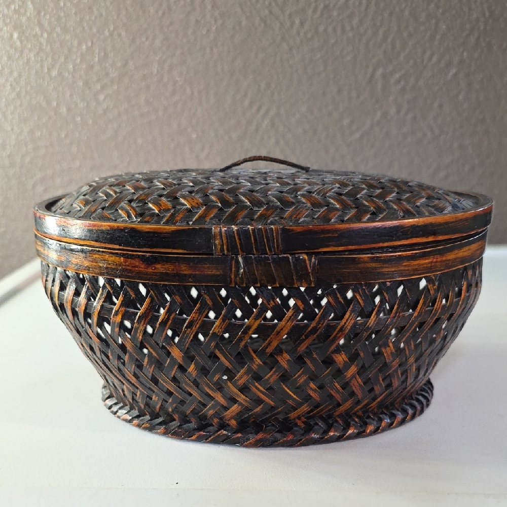 Vintage Bamboo And Rattan Lidded Woven Basket